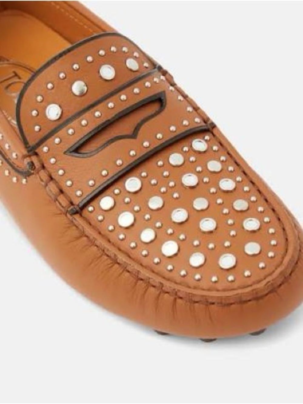TOD'S Warm Brown Leather Studded Driving Moccasin Loafer